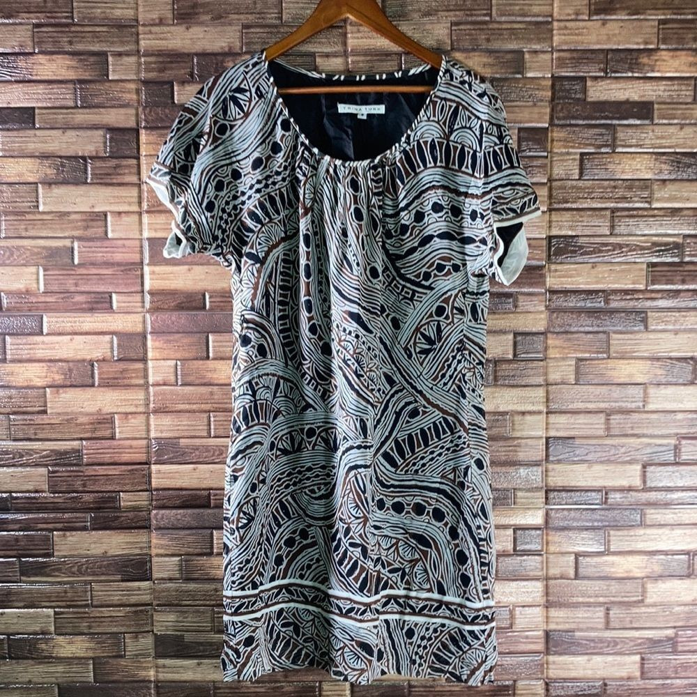Trina Turk Womens Silk Chiffon Printed Scoop Neck Shift Dress Black Size 8